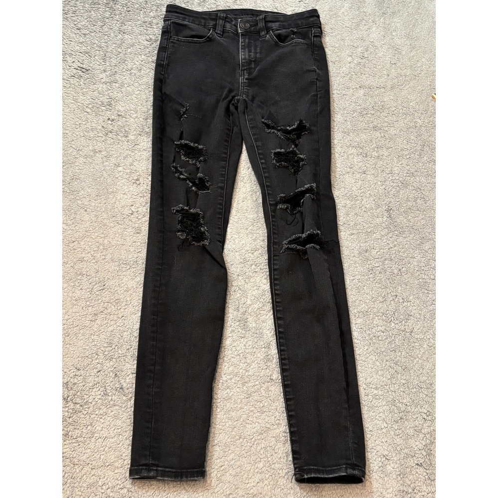 American Eagle Hi-Rise Jegging Black Distressed Next Level Stretch Jeans Size 2R